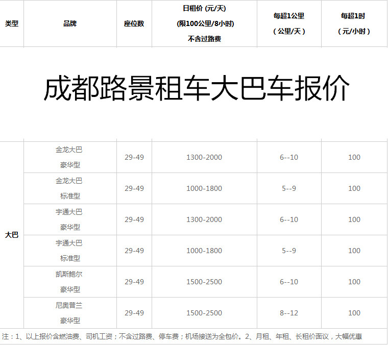 成都大巴車(chē)租車(chē)價(jià)格表