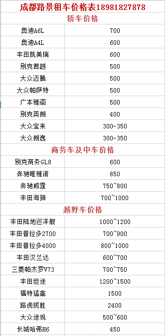 成都旅游租車(chē)自駕價(jià)格表